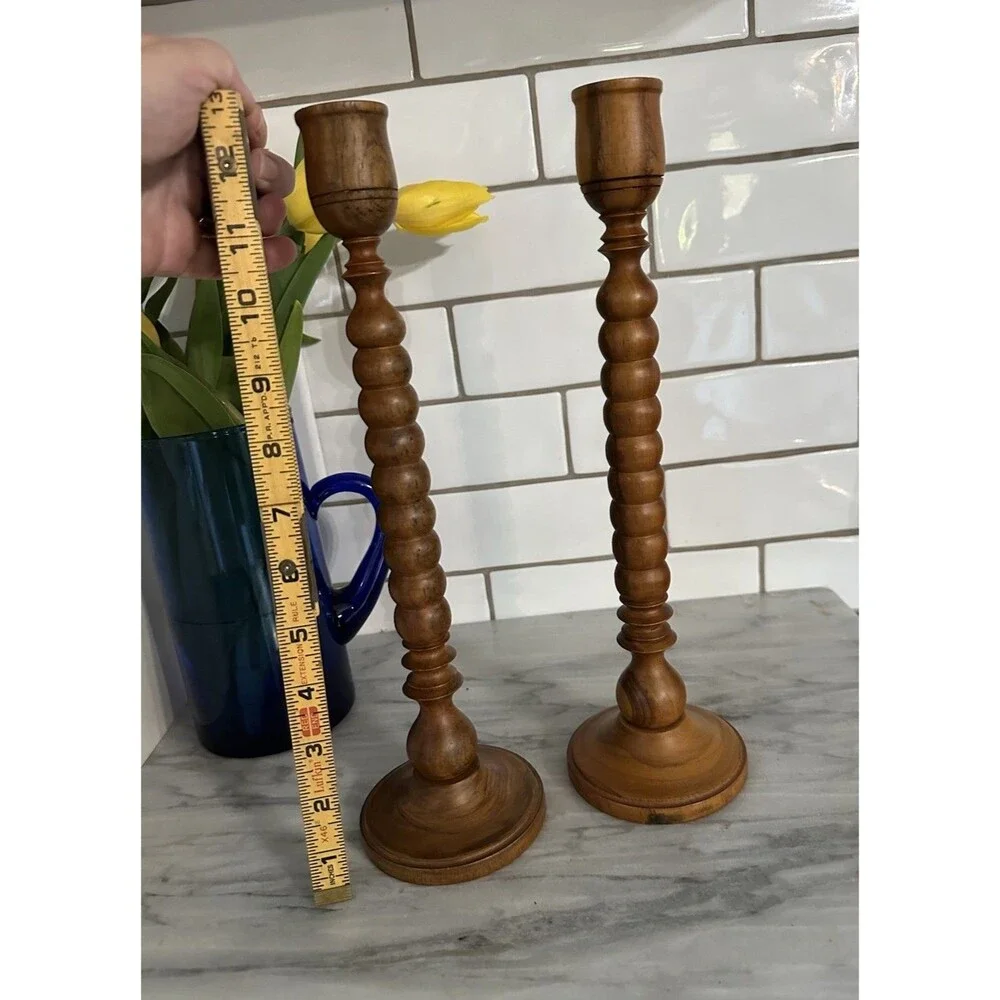 Vintage Wood Turned  Victorian Style Spindle Candlestick Holders Set 2 Indonesia